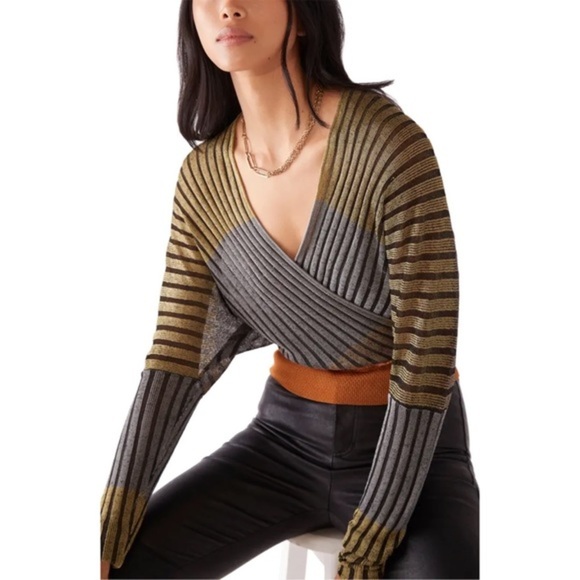 Free People Pluto Faux Wrap Multicolor Long Sleeve Ribbed Top Size Small NWT - Picture 1 of 12